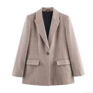 Women Herringbone Blazer Jacket Single Button Shoulder Pad Khaki Polyester Woolen Texture Outerwear For Fall Winter Street Style Commute