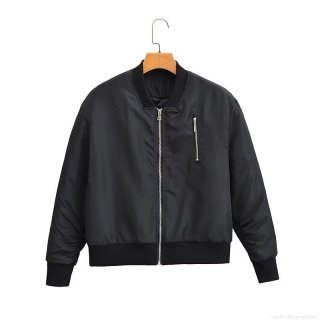 Women's Loose Casual Bomber Jacket Polyester Quilted Padded Outerwear Stand Collar Zip Up Long Sleeve Winter Autumn Fashion Coat With Pockets