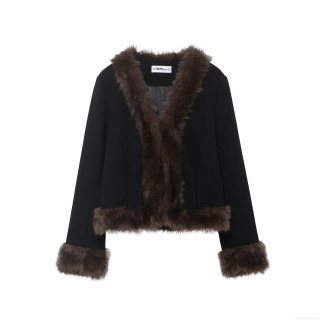Women's Autumn Winter Faux Fur Trimmed Woolen Like Jacket Black Long Sleeve Stitching Coat With Pockets Single Breasted Streetwear Outerwear