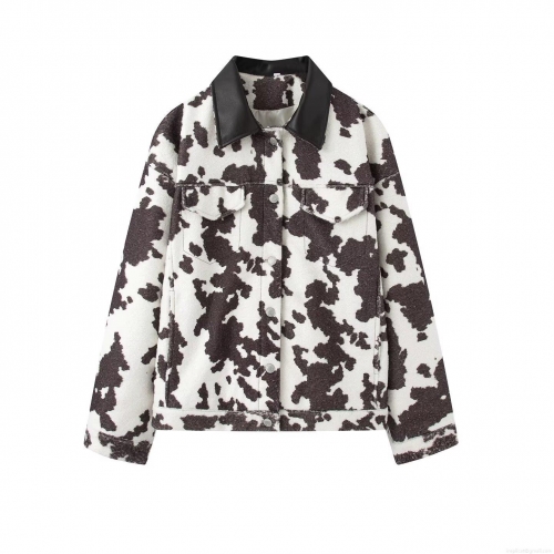 Women Cow Print Fringe Jacket Polyester Faux Leather Splicing Lapel Single Breasted Long Sleeve Tassels Streetwear Outerwear Fashion Coat For Ladies Daily Casual Party Wear
