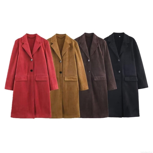 Women's Long Faux Suede Coat Autumn Winter Notched Lapel Single Breasted Long Sleeve Outwear Loose Fit Streetwear Trench Jacket Overcoat For Ladies