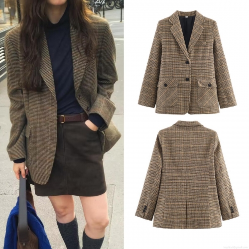 Women's Vintage Houndstooth Blazer Lapel Long Sleeve Single Breasted Jacket With Pockets Casual Office Commute Outerwear Streetwear