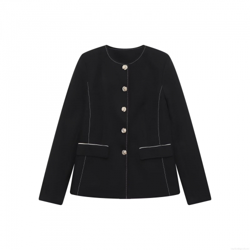 Women's Elegant Black Blazer Jacket Contrast Topstitching Single Breasted Round Neck Long Sleeve Suit Outwear For Daily Office Streetwear