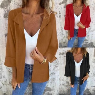 Women's Plus Size Casual Suit-Style Cardigan Jacket Solid Color Open Front Lapel Blazer Long Sleeve Mid-Length Outerwear Coat For Autumn Winter