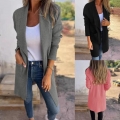 Women's Plus Size Lapel Cardigan Coat Long Sleeve Mid-Length Casual Solid Jacket With Pockets Polyester Spandex Outerwear For Autumn Winter
