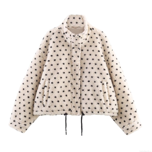 Women Fashion Polka Dot Fleece Jacket Stand Collar Lamb Wool Texture Zipper Up Loose Cropped Outerwear Warm Winter Coat Drawstring Hem For Women Daily Wear