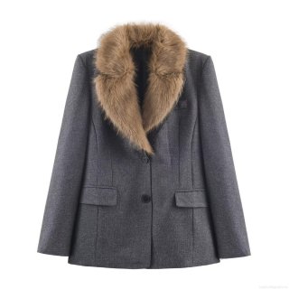 Women's Fashion Slim Fit Faux Fur Collar Blazer Jacket Elegant Long Sleeve Single Breasted Office Woolen Coat Winter Outerwear