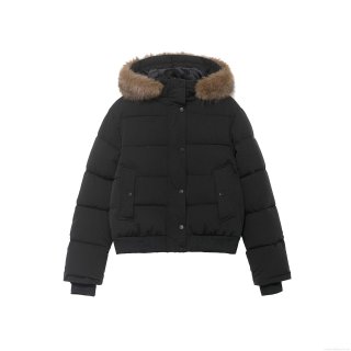 Women's Winter Hooded Puffer Jacket With Faux Fur Collar Warm Polyester Padded Coat Slim Fit Quilted Short Outerwear For Casual Daily Wear