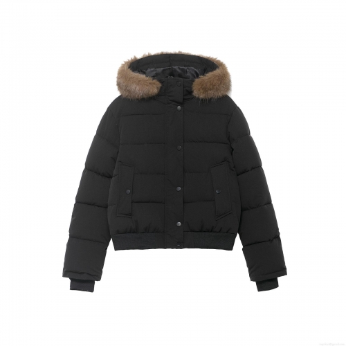 Women's Winter Hooded Puffer Jacket With Faux Fur Collar Warm Polyester Padded Coat Slim Fit Quilted Short Outerwear For Casual Daily Wear