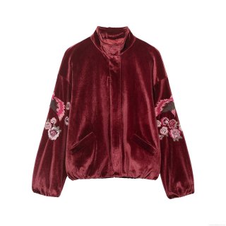 Women Retro Velvet Stand Collar Jacket Elegant Floral Phoenix Embroidered Loose Fit Zip Up Long Sleeve Outerwear Warm Casual Winter Coat