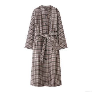 Women British Retro Plaid Long Trench Coat Single Breasted Round Neck Polyester Overcoat With Belt Elegant Outerwear For Autumn Winter