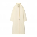 Women Elegant Cream White Long Woolen Coat Stand Collar Single Breasted Loose Fit Polyester Blend Thick Overcoat For Winter Commuting Casual Outwear