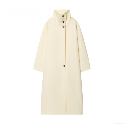 Women Elegant Cream White Long Woolen Coat Stand Collar Single Breasted Loose Fit Polyester Blend Thick Overcoat For Winter Commuting Casual Outwear
