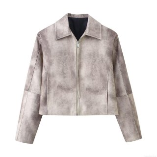 Women's Faux Suede Jacket Vintage Tie Dye Print Long Sleeve Lapel Metal Zip Up Short Coat Loose Casual Outwear For Daily Autumn Winter