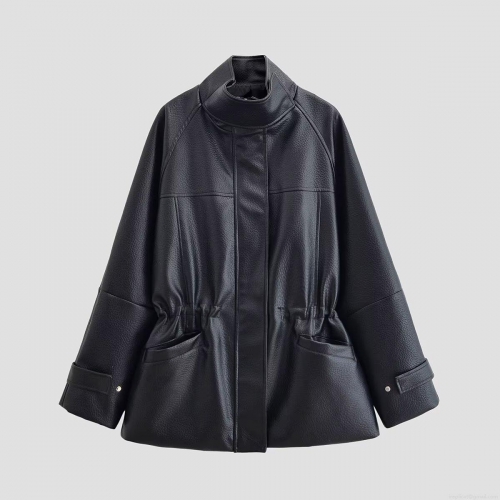 Women's Winter Fashion Black PU Leather Jacket Mid-Length Stand Collar Adjustable Waist Faux Leather Coat With Pockets Windproof Loose Fit British Style Outerwear