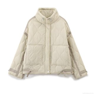 Women's Fashion Wave Quilted Puffer Jacket 100% Polyester Stand Collar Cotton Coat Long Sleeve Casual Winter Warm Windproof Beige Outerwear For Women
