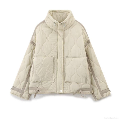 Women's Fashion Wave Quilted Puffer Jacket 100% Polyester Stand Collar Cotton Coat Long Sleeve Casual Winter Warm Windproof Beige Outerwear For Women
