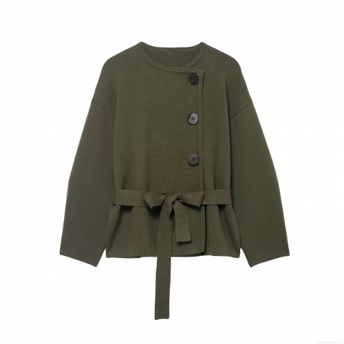 Women's Fashion Casual Knit Jacket With Belt Elegant Round Neck Solid Army Green Long Sleeve Cardigan Outerwear For Winter