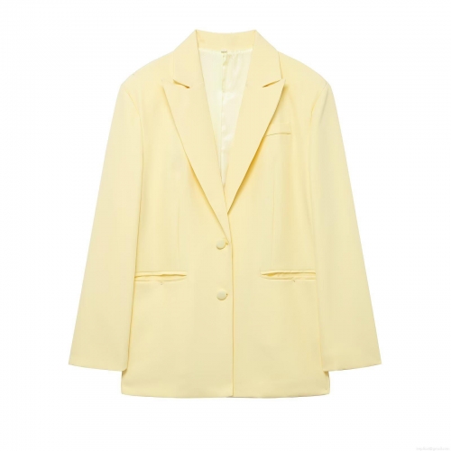 Women's Elegant Loose Fit Pale Yellow Blazer Jacket 100% Polyester Long Sleeve Single Breasted Notch Lapel Solid Color Casual Office Outerwear For Lady