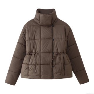 Women's Short Quilted Puffer Jacket With Stand Collar And Drawstring Waist Warm Winter Casual Padded Coat For Women