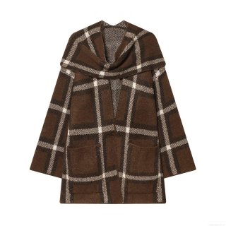 Women's Plaid Knit Cardigan Coat Casual Scarf Collar Loose Fit Knitted Jacket Outerwear With Pockets Long Sleeve Warm Open Front Sweaters For Winter