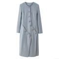 Women Elegant Round Neck Woolen Coat Long Sleeve Asymmetrical Multi Button Slim Fit Solid Color Grey Long Outerwear For Winter Office Daily Fashion