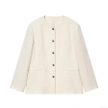 Elegant Women's Tweed Jacket Chanel Style Round Neck Single Breasted Metal Button Blazer Long Sleeve Autumn Winter Office Commute Coat Cream White