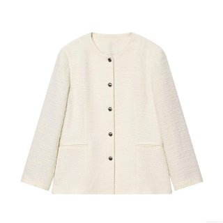 Elegant Women's Tweed Jacket Chanel Style Round Neck Single Breasted Metal Button Blazer Long Sleeve Autumn Winter Office Commute Coat Cream White