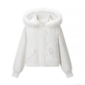 Women's Winter Casual Hooded Cotton Padded Coat With Detachable Faux Fur Collar Short Warm Jacket Button Front Long Sleeve Outerwear