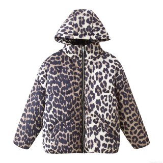 Women's Winter Leopard Print Hooded Puffer Jacket Casual Thick Warm Polyester Padded Coat With Zipper Pockets Outerwear For Daily Wear