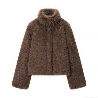 Women's Fashion Faux Fur Short Jacket Stand Collar Casual Solid Color Winter Warm Plush Coat With Polyester Lining Long Sleeve Dark Brown Outwear