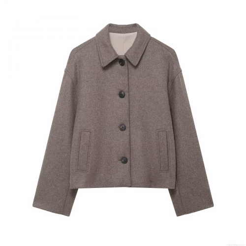 Women's Casual Loose Short Woolen Jacket Coat Lapel Single Breasted 100% Polyester Warm Outerwear With Pockets For Winter Ladies Fashion Solid Color