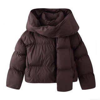 Women Winter Warm Padded Puffer Jacket With Scarf Detachable Hooded Casual Solid Color Quilted Cotton Coat For Outdoor Daily Streetwear
