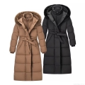 Women's Winter Long Hooded Padded Jacket With Faux Fur Collar Fashion Casual Thick Windproof Quilted Cotton Coat With Waist Belt For Daily Outdoor