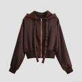 Women's Fashion Casual Deep Brown Hooded Jacket 100% Polyester Short Zip-up Hoodie With Drawstring Ribbed Cuffs Long Sleeve Outwear For Winter