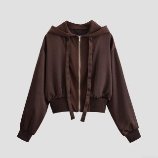 Women's Fashion Casual Deep Brown Hooded Jacket 100% Polyester Short Zip-up Hoodie With Drawstring Ribbed Cuffs Long Sleeve Outwear For Winter