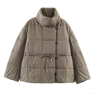 Women's Casual Quilted Padded Jacket High Stand Collar Warm Winter Cotton Coat With Adjustable Belt Drawstring Waist Short Loose Fit Outerwear