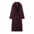 Women's Long Woolen Coat Detachable Faux Fur Collar Belted Waist Elegant Wine Red Winter Warm Overcoat For Women Casual Commuter Solid Color Jacket