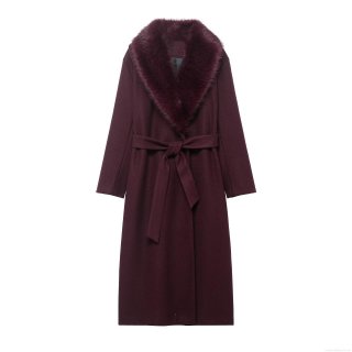 Women's Long Woolen Coat Detachable Faux Fur Collar Belted Waist Elegant Wine Red Winter Warm Overcoat For Women Casual Commuter Solid Color Jacket