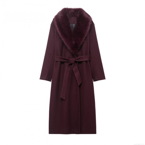 Women's Long Woolen Coat Detachable Faux Fur Collar Belted Waist Elegant Wine Red Winter Warm Overcoat For Women Casual Commuter Solid Color Jacket