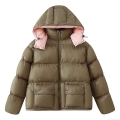 Women's Hooded Puffer Jacket Warm Quilted Outerwear Contrast Color Lining Loose Fit Casual Zip-up Cotton Coat With Pockets For Women