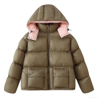 Women's Hooded Puffer Jacket Warm Quilted Outerwear Contrast Color Lining Loose Fit Casual Zip-up Cotton Coat With Pockets For Women
