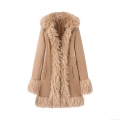 Women's Mid-Length Winter Coat Elegant Suede And Faux Fur Patchwork Hooded Warm Jacket For Commuter Daily Wear Solid Khaki Outwear