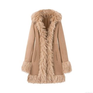 Women's Mid-Length Winter Coat Elegant Suede And Faux Fur Patchwork Hooded Warm Jacket For Commuter Daily Wear Solid Khaki Outwear
