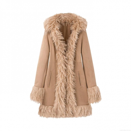Women's Mid-Length Winter Coat Elegant Suede And Faux Fur Patchwork Hooded Warm Jacket For Commuter Daily Wear Solid Khaki Outwear