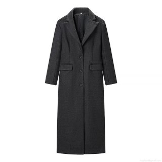 Women's Elegant Long Woolen Coat Charcoal Grey Single Breasted Lapel Overcoat Slim Fit Warm British Style Winter Outerwear Fashion Trench Coat for Ladies