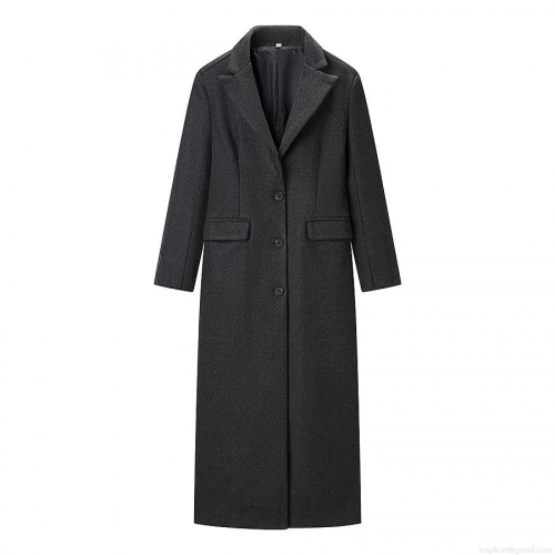 Women's Elegant Long Woolen Coat Charcoal Grey Single Breasted Lapel Overcoat Slim Fit Warm British Style Winter Outerwear Fashion Trench Coat for Ladies