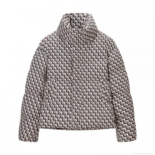 Women's Geometric Monogram Printed Puffer Jacket Stand Collar Loose Fit Winter Warm Padded Coat With Pockets Casual Chic Outerwear