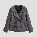 Women's Elegant Plaid Double Breasted Jacket 100% Polyester Long Sleeve Lapel Short Coat Retro British Style Outerwear For Office Daily Wear