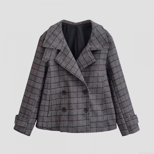 Women's Elegant Plaid Double Breasted Jacket 100% Polyester Long Sleeve Lapel Short Coat Retro British Style Outerwear For Office Daily Wear